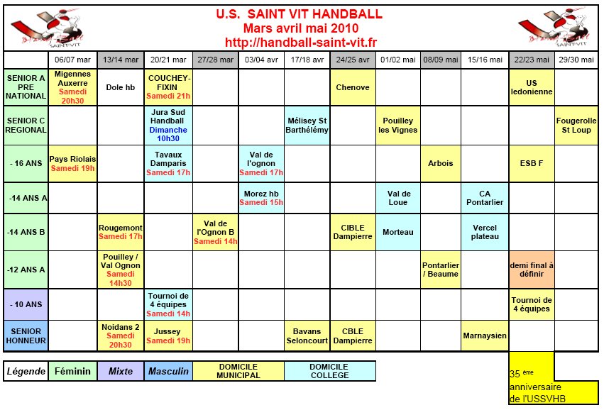 Calendrier mars &agrave; mai 2010