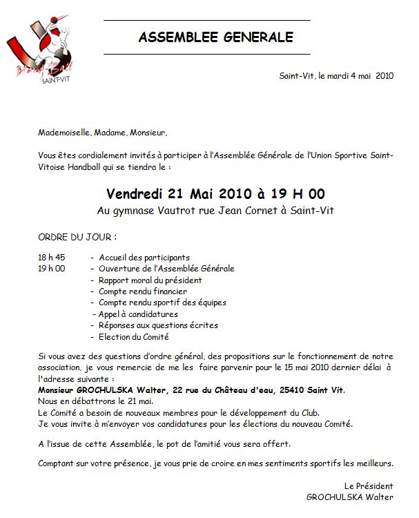 Convocation AG 21 mai 2010